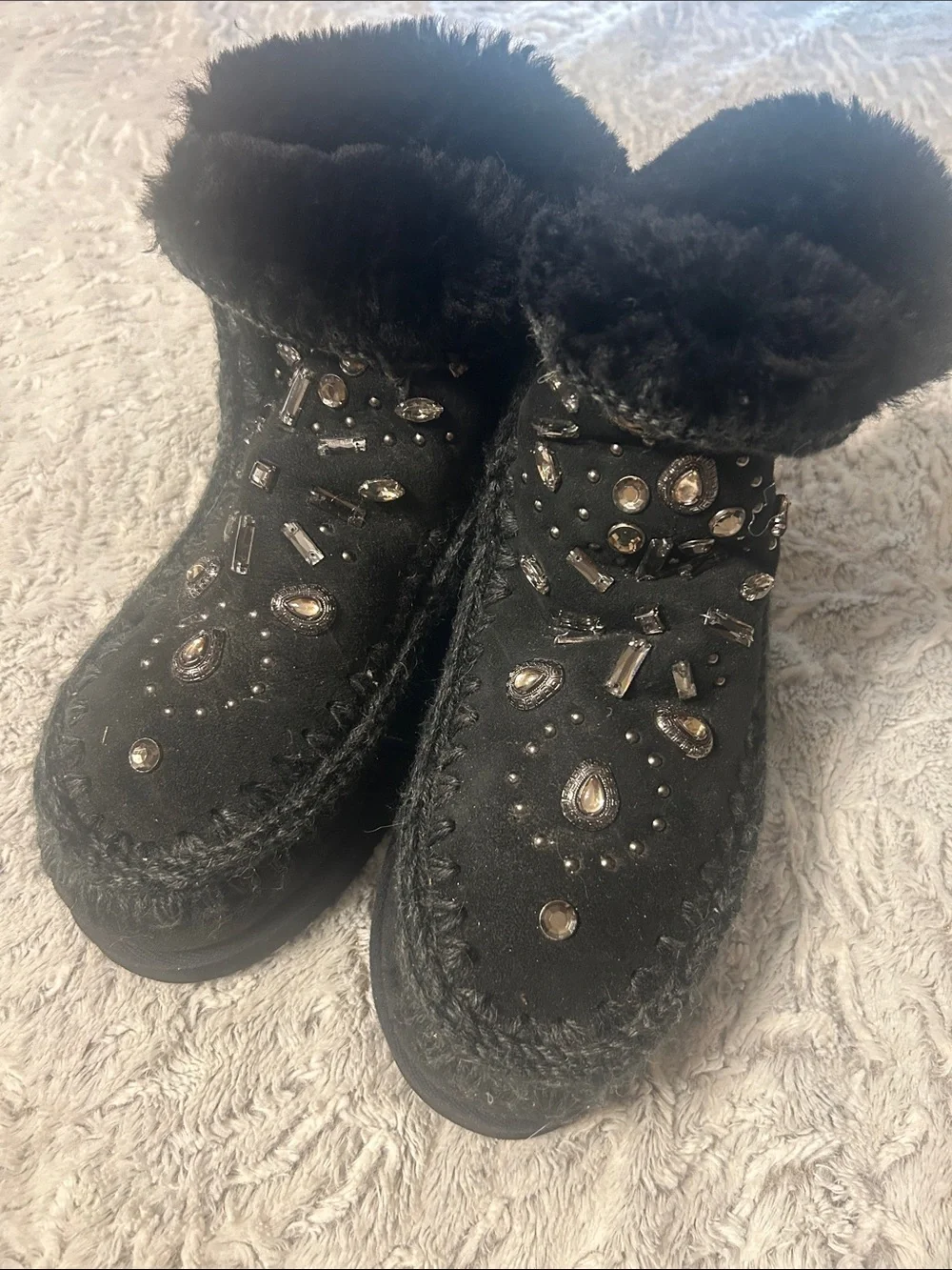 MOU Black Embellished Faux Fur Lined Boots - Picture 1 of 5